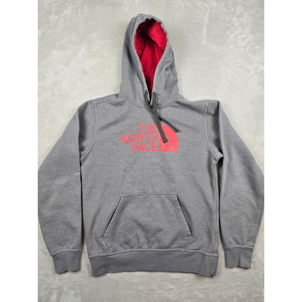 The North Face Hoodie Mens S Gray Red Logo Graphic‎ Fleece Sweatshirt Pilling